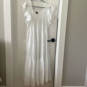 J. Crew White Smocked Flutter Sleeve Tiered Maxi Dress